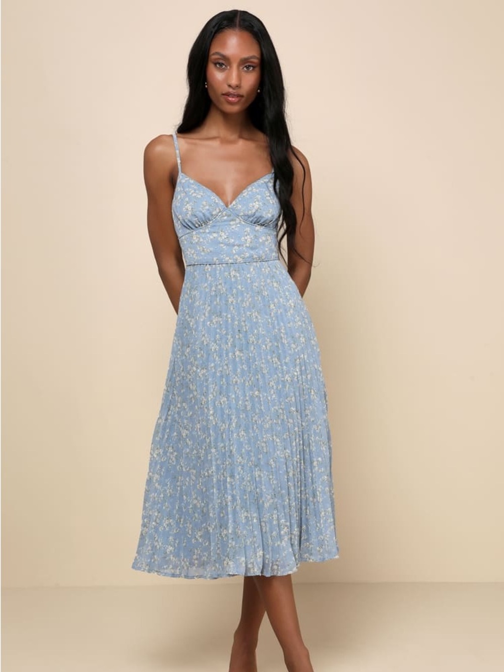 Lulu's Powder Blue Floral Pleated Midi Dress